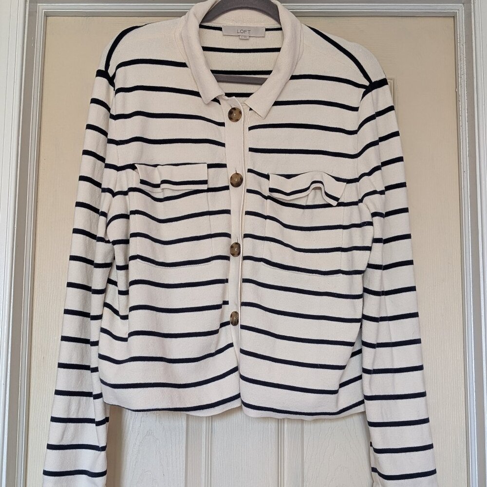 LOFT Stripe Collared Sweater Jacket, XL